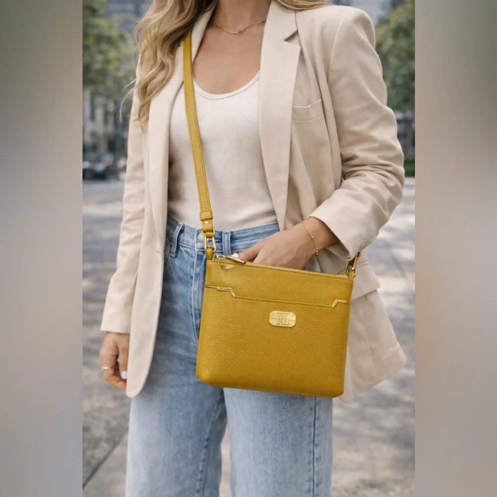 Lauren Ralph Lauren Mustard Pebbled Leather Crossbody Gold Hardware - Picture 1 of 12